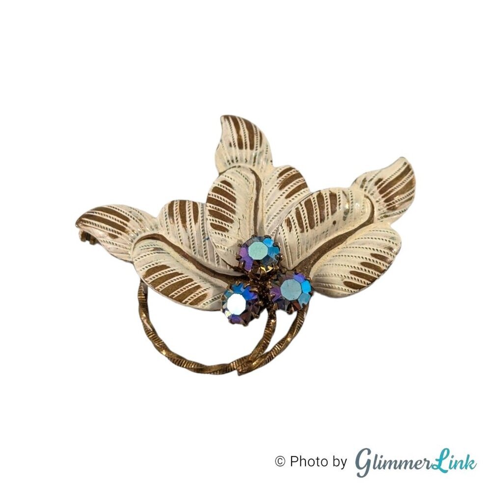 Vintage Germany Aurora Borealis AB Enamel Floral Gold Tone Brooch Pin